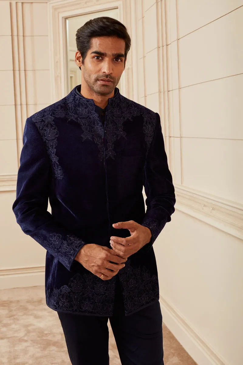 Navy Velvet Bandhgala with Zari and Resham Embroidery