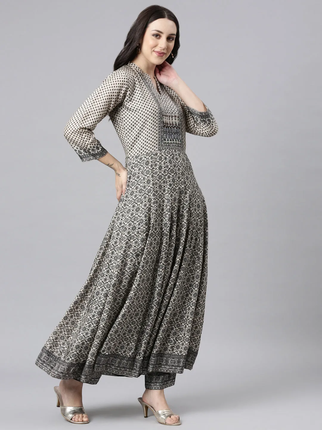 Neerus Black Regular Anarkali Kurta and Trousers With Dupatta