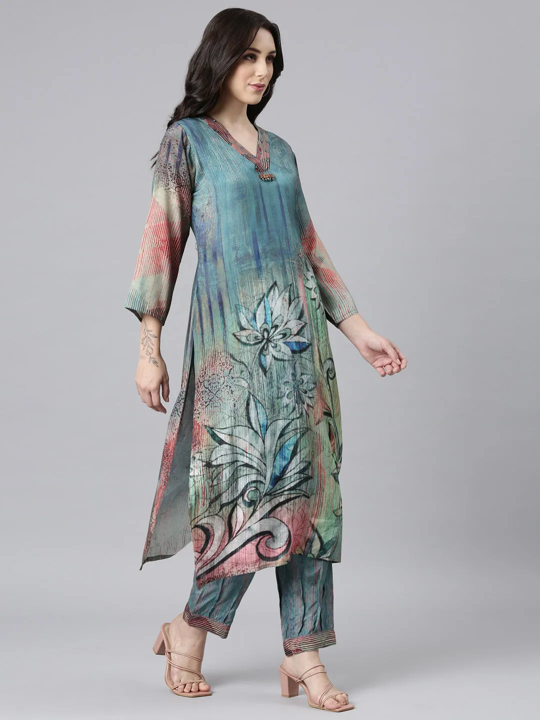 Neerus Blue Panelled Straight Kurta and Trousers