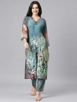 Neerus Blue Panelled Straight Kurta and Trousers