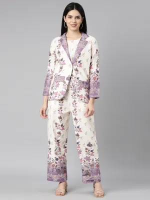 Neerus Lavender Regular Straight Floral Top And Trousers