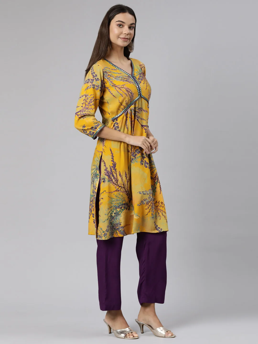 Neeru's Mustard Regular Straight Tribal Kurta And Trousers