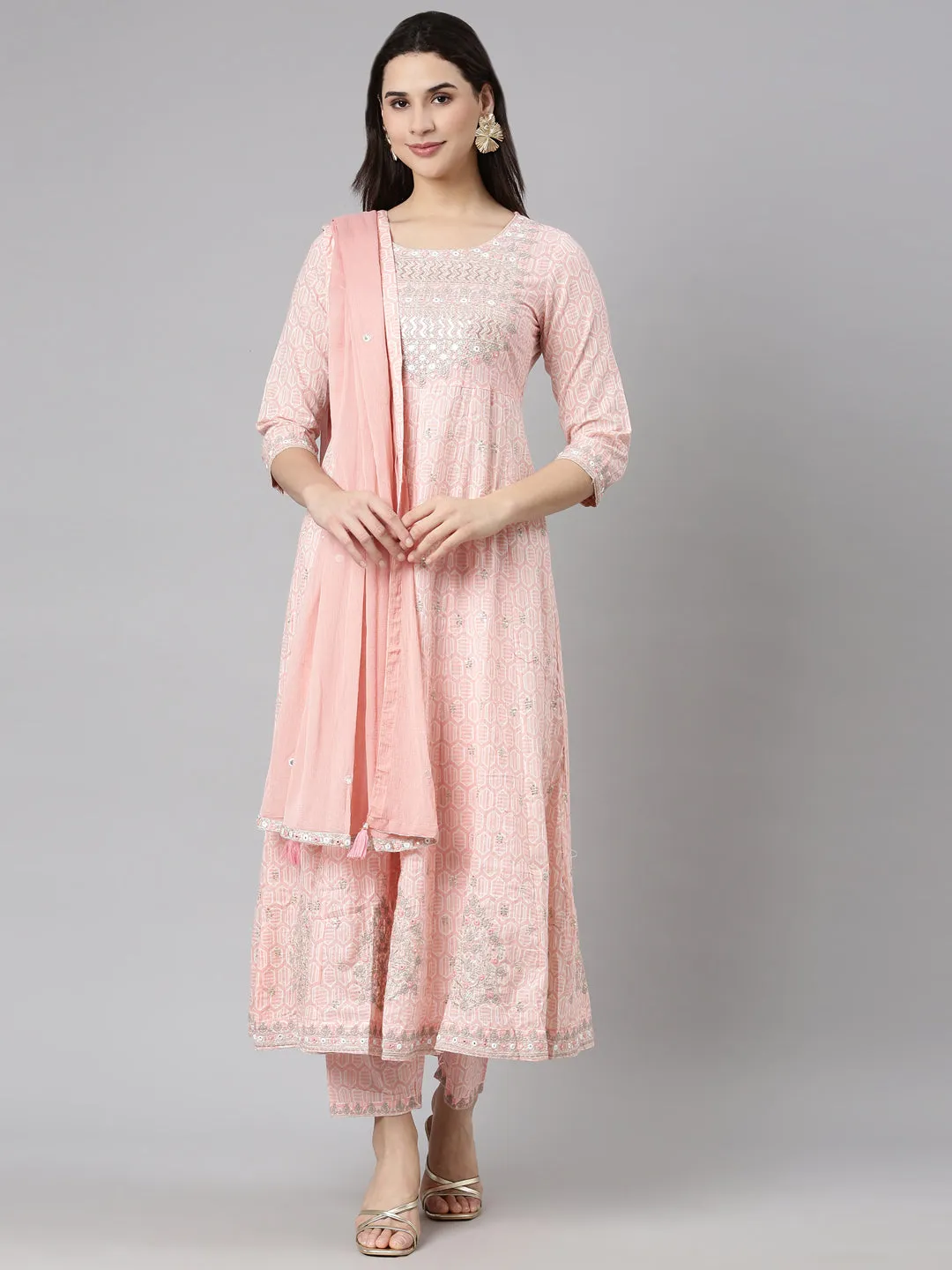 Neerus Peach Regular Straight Floral Kurta And  Trousers With Dupatta