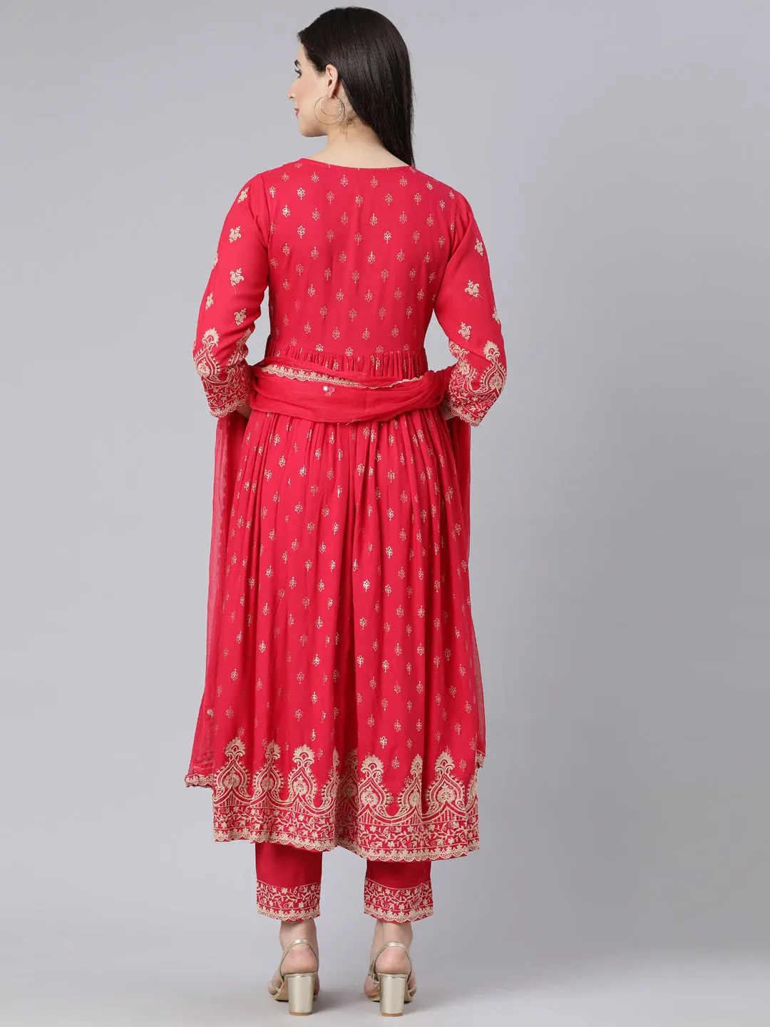 Neerus Pink Panelled Straight Yoke Design Kurta And Trousers With Dupatta