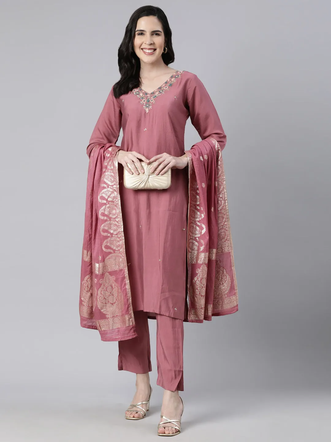 Neerus Pink Regular Straight Solid Kurta And  Trousers With Dupatta