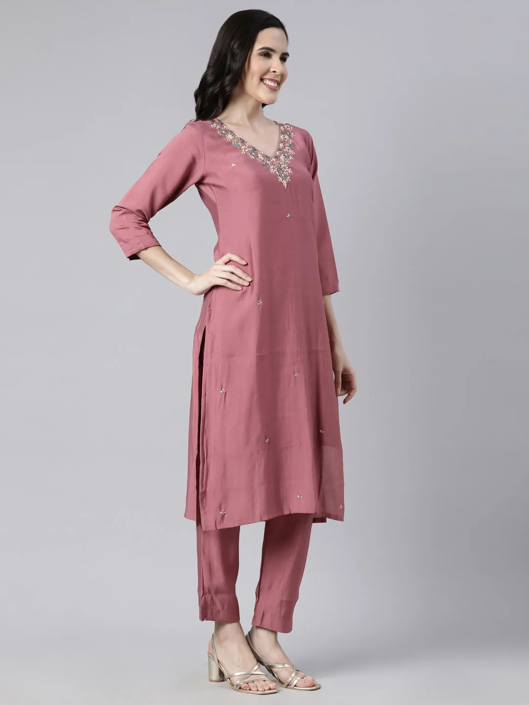 Neerus Pink Regular Straight Solid Kurta And  Trousers With Dupatta