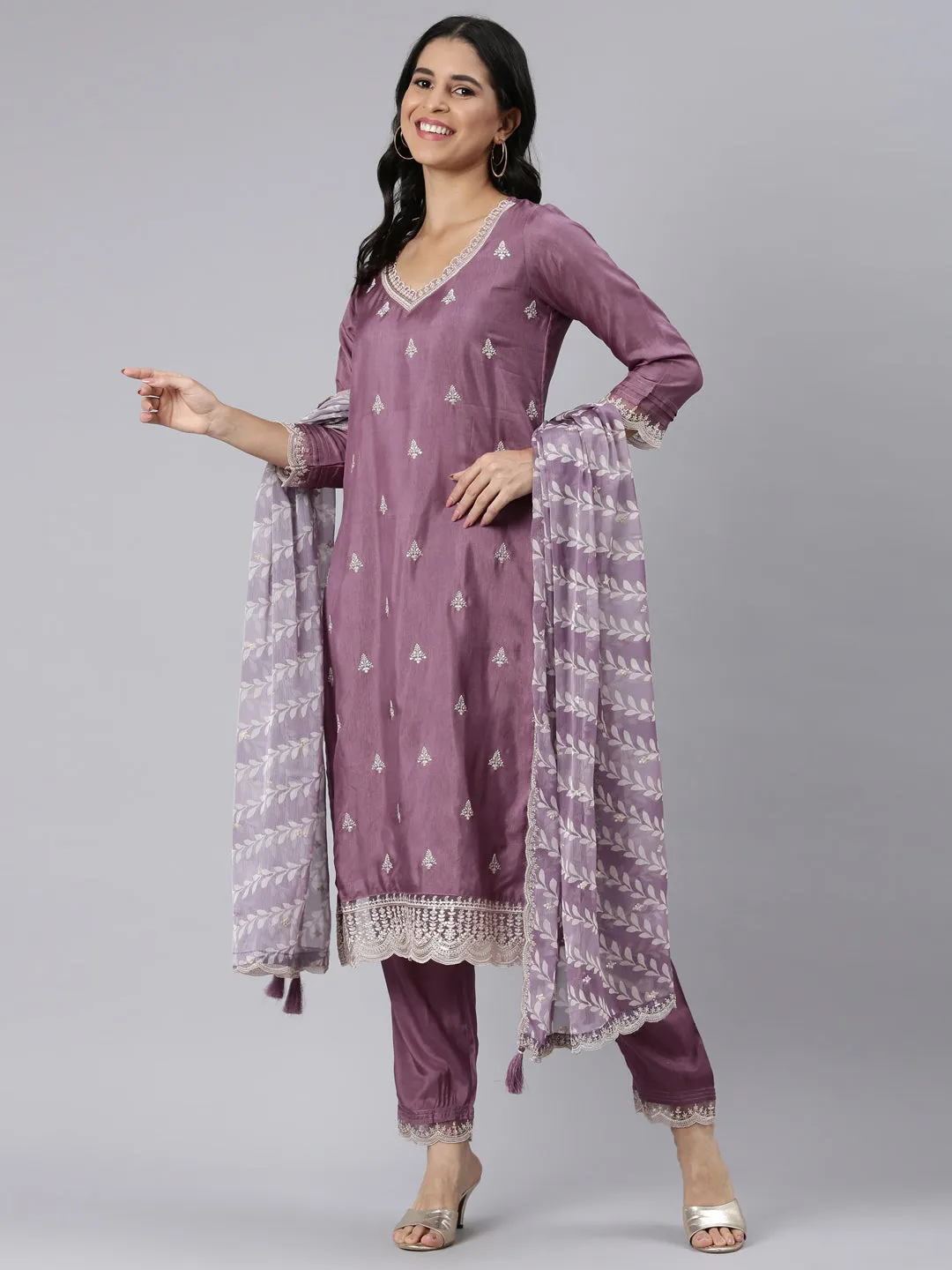 Neerus Purple Regular Straight Embroidered Kurta and Trousers With Dupatta