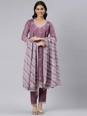 Neerus Purple Regular Straight Embroidered Kurta and Trousers With Dupatta