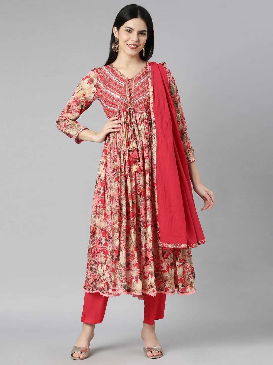 Neerus Red Pleated Straight Floral Kurta And Trousers With Dupatta