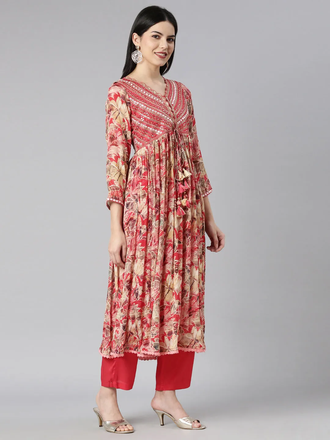 Neerus Red Pleated Straight Floral Kurta And Trousers With Dupatta