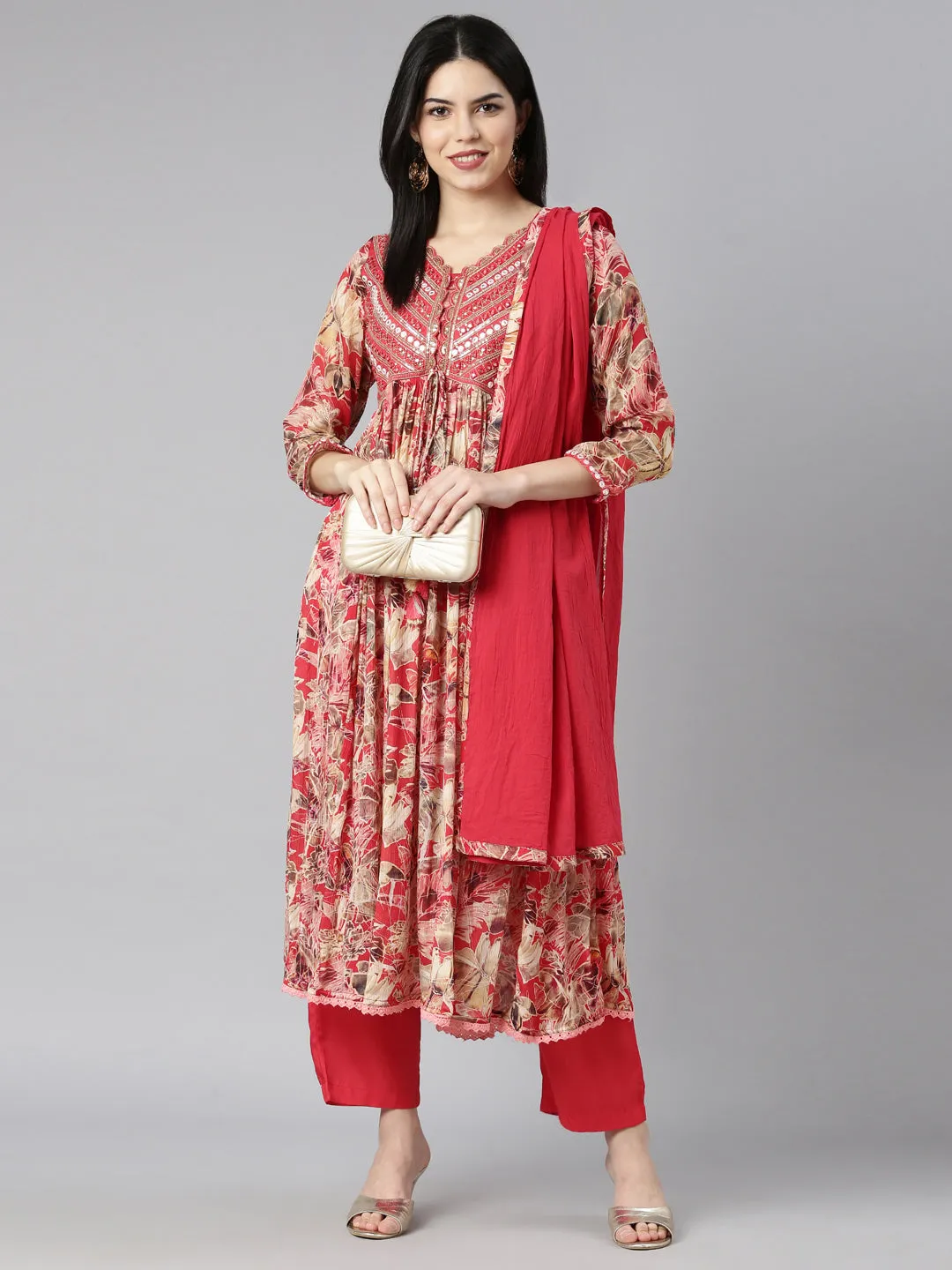 Neerus Red Pleated Straight Floral Kurta And Trousers With Dupatta