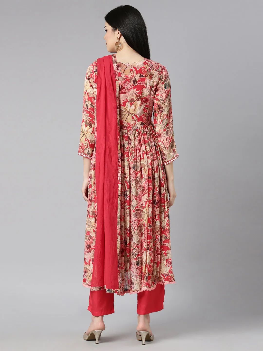 Neerus Red Pleated Straight Floral Kurta And Trousers With Dupatta