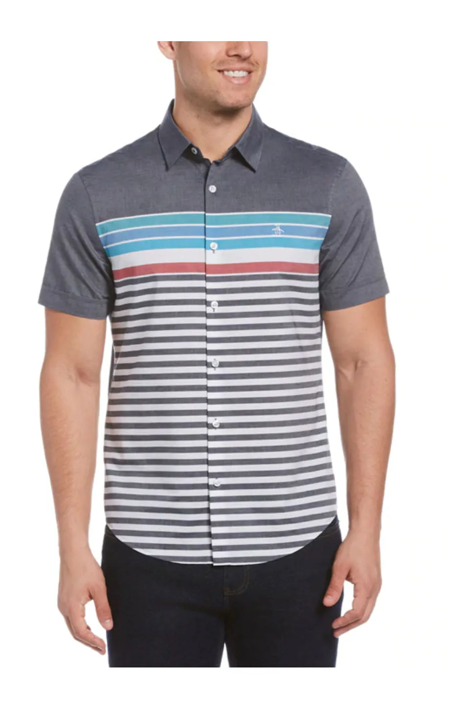 Original Penguin Engineered Stripe Button Down In Dark Sapphire