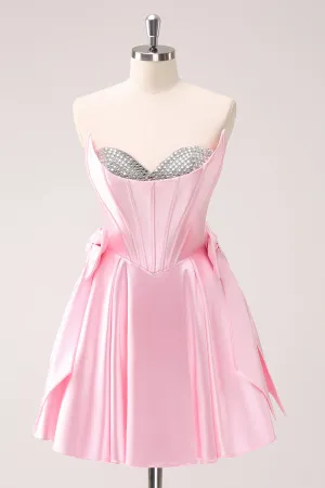 Pink A Line Strapless Corset Beaded Mini Dress with Bows