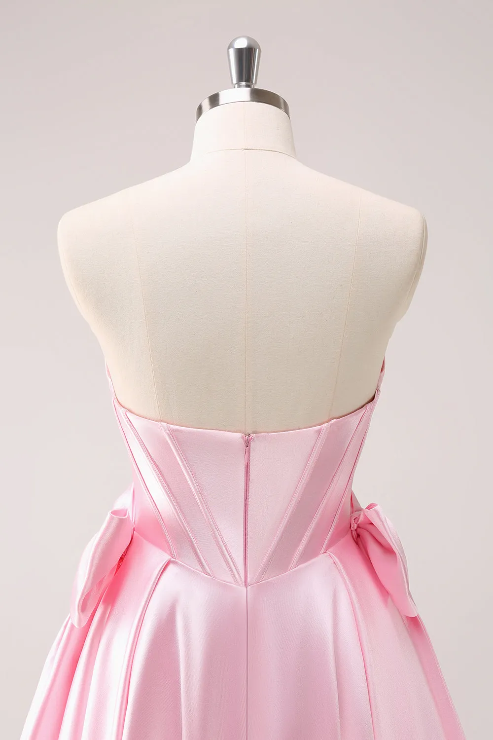 Pink A Line Strapless Corset Beaded Mini Dress with Bows