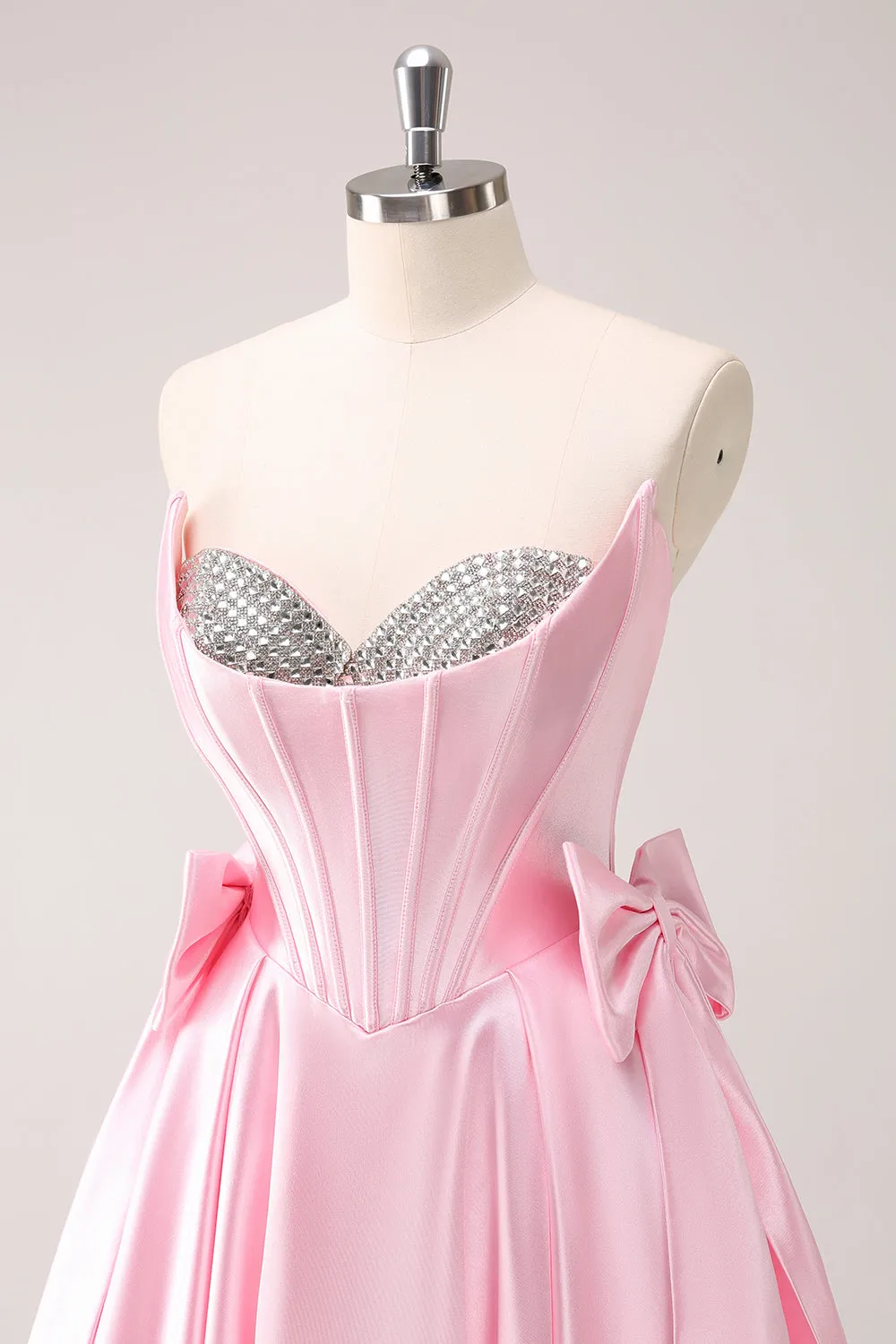 Pink A Line Strapless Corset Beaded Mini Dress with Bows