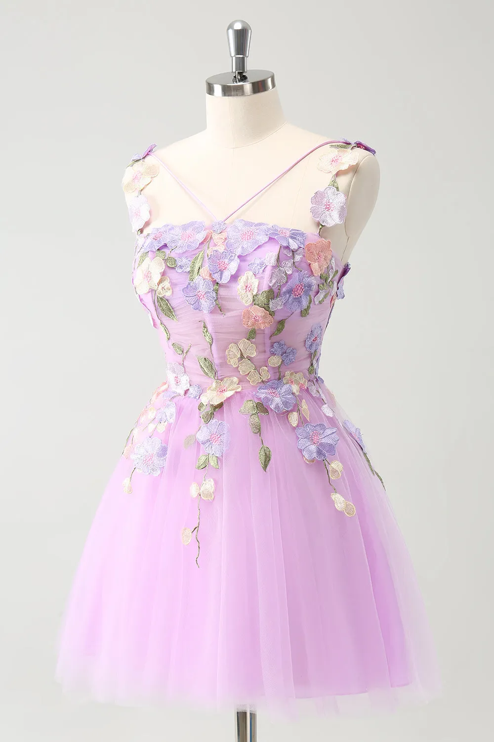 Purple A Line Flowers Tulle Mini Dress