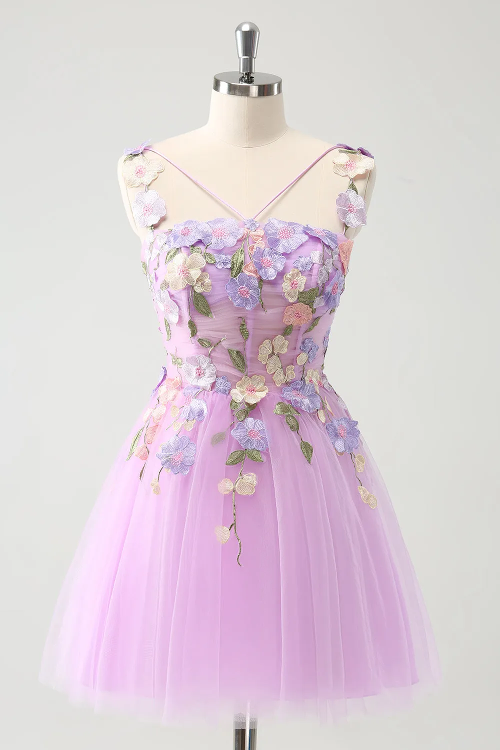 Purple A Line Flowers Tulle Mini Dress