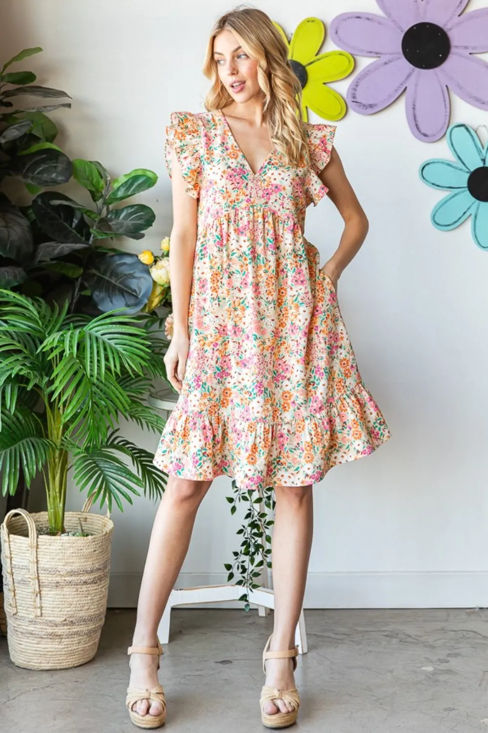 Rachel - Floral Ruffled V-Neck Dress - Sand - Exclusively Online