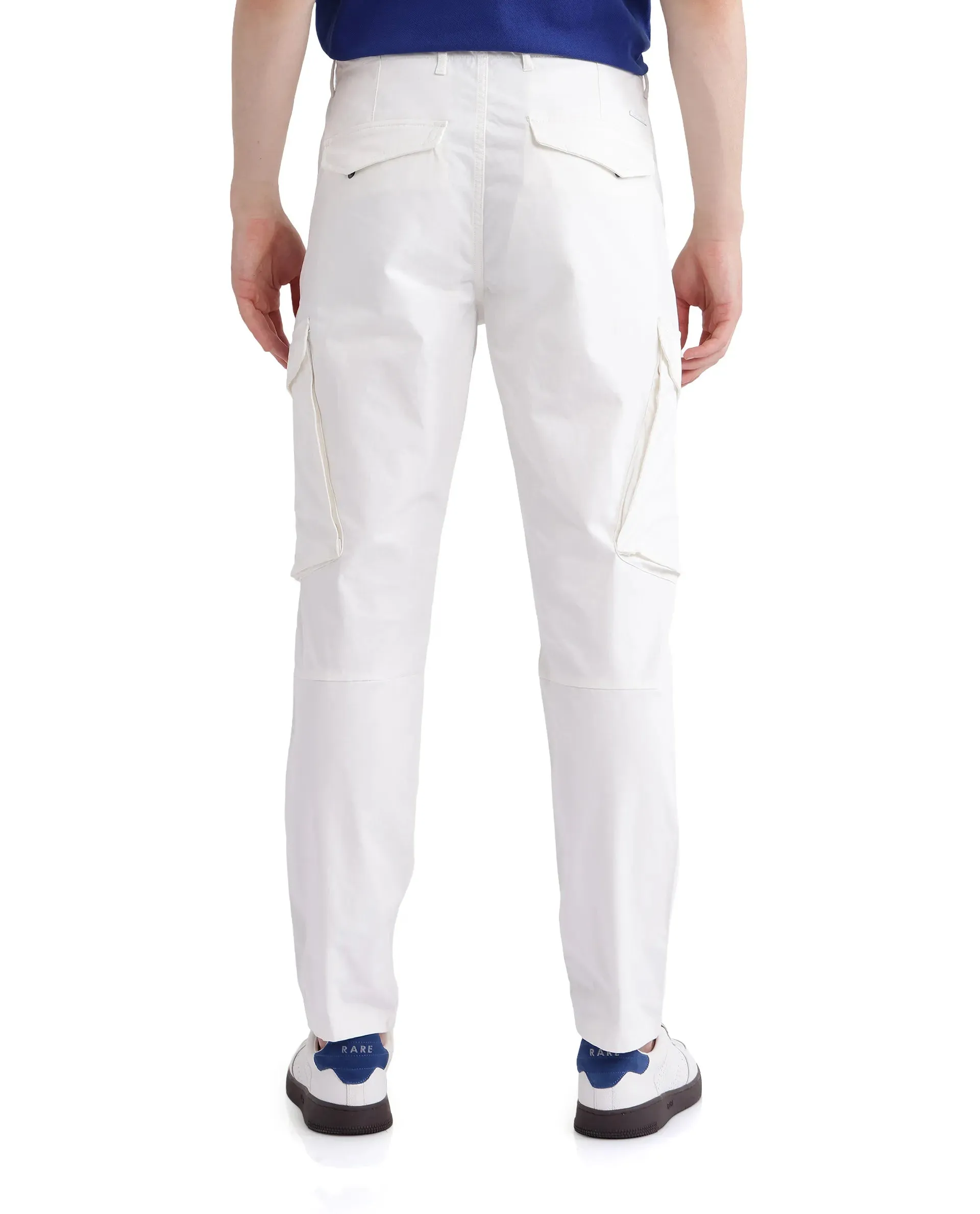 Rare Rabbit Men Ceder-1 White Button and Zip Closure Multi-Pocket Plain Cargo Trouser