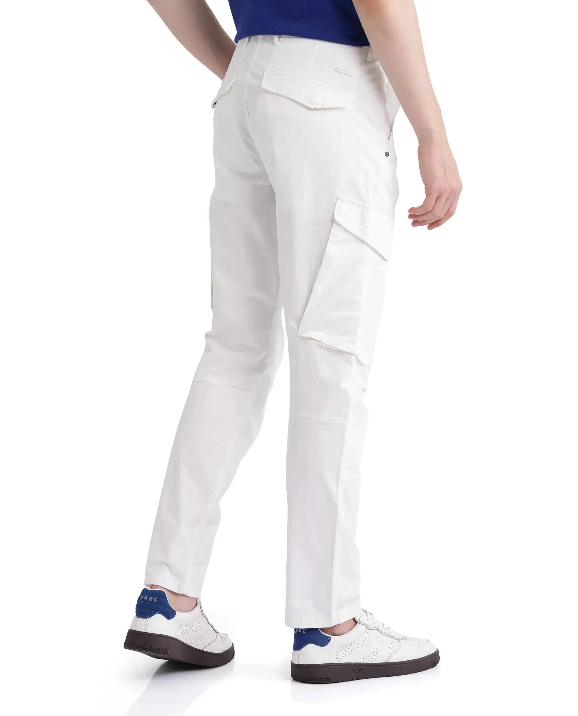 Rare Rabbit Men Ceder-1 White Button and Zip Closure Multi-Pocket Plain Cargo Trouser