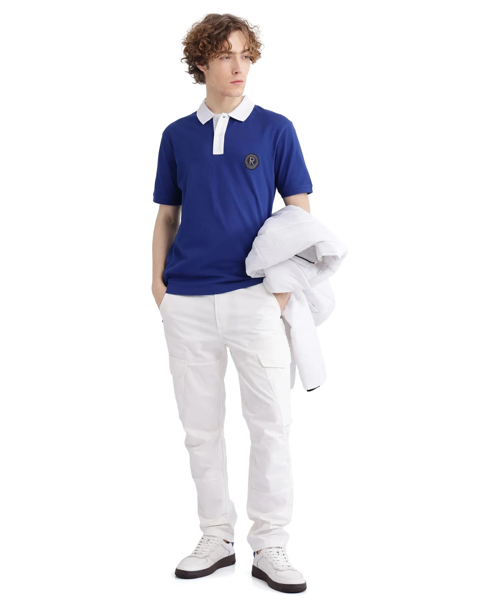 Rare Rabbit Men Ceder-1 White Button and Zip Closure Multi-Pocket Plain Cargo Trouser