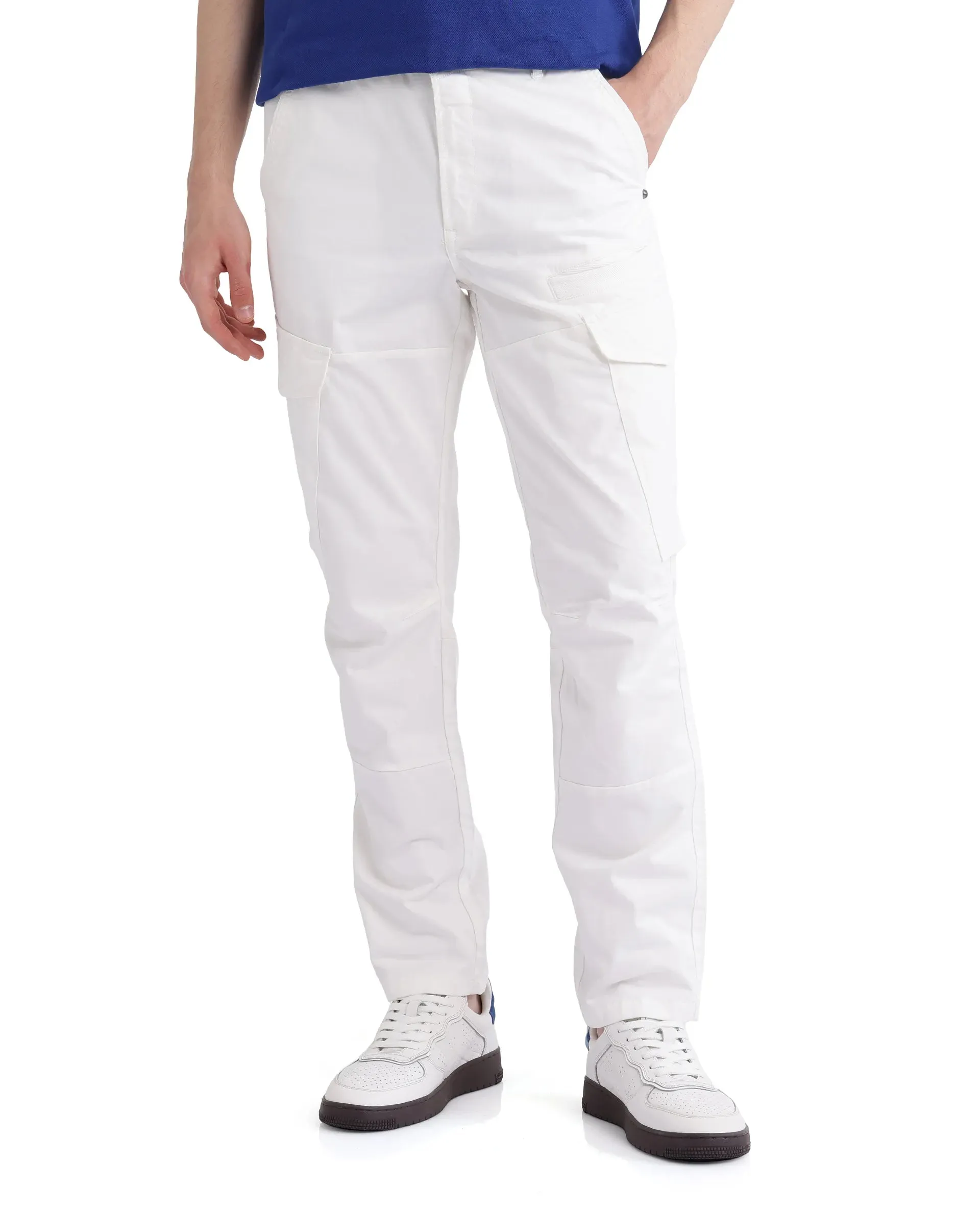 Rare Rabbit Men Ceder-1 White Button and Zip Closure Multi-Pocket Plain Cargo Trouser