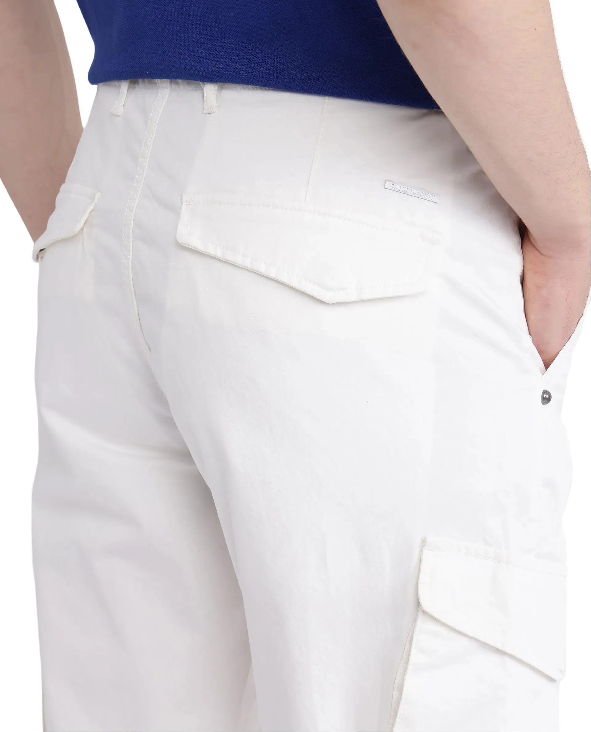 Rare Rabbit Men Ceder-1 White Button and Zip Closure Multi-Pocket Plain Cargo Trouser