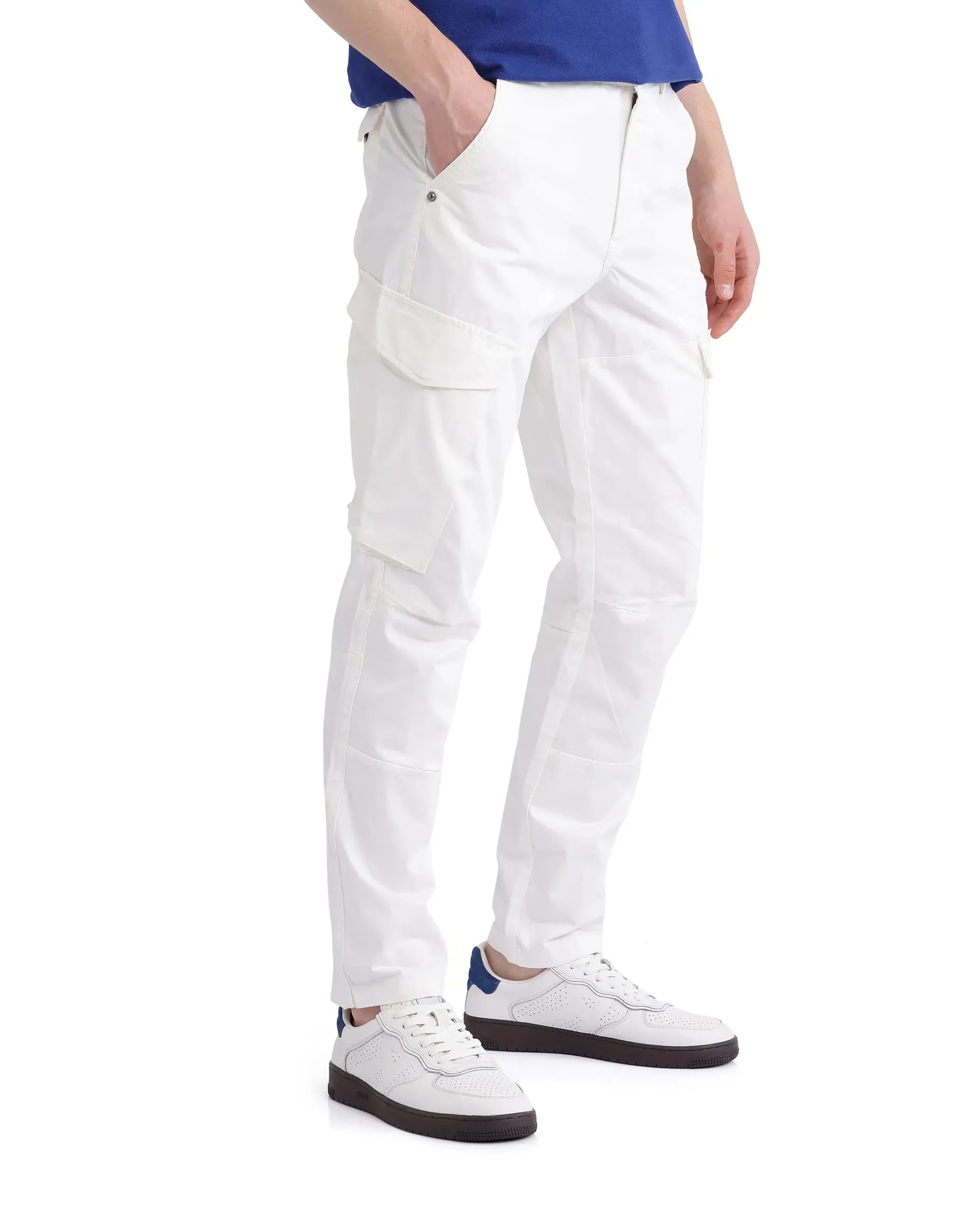 Rare Rabbit Men Ceder-1 White Button and Zip Closure Multi-Pocket Plain Cargo Trouser