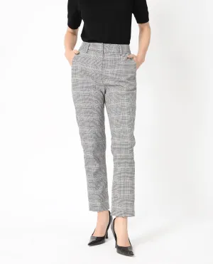 Rareism Women Tucila Black Polyester Fabric Hook And Eye Tailored Fit Checked Ankle Length Tapered Trousers