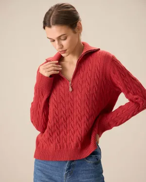 Red Lapel Zipper Sweater