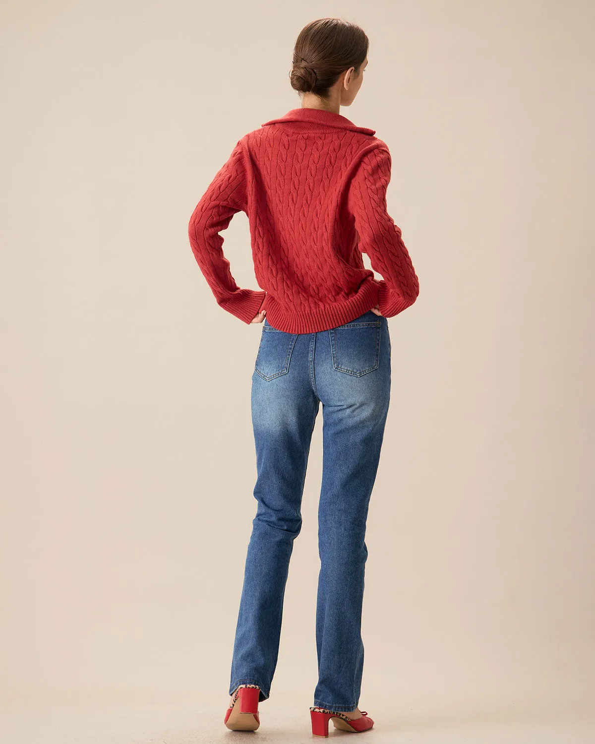 Red Lapel Zipper Sweater