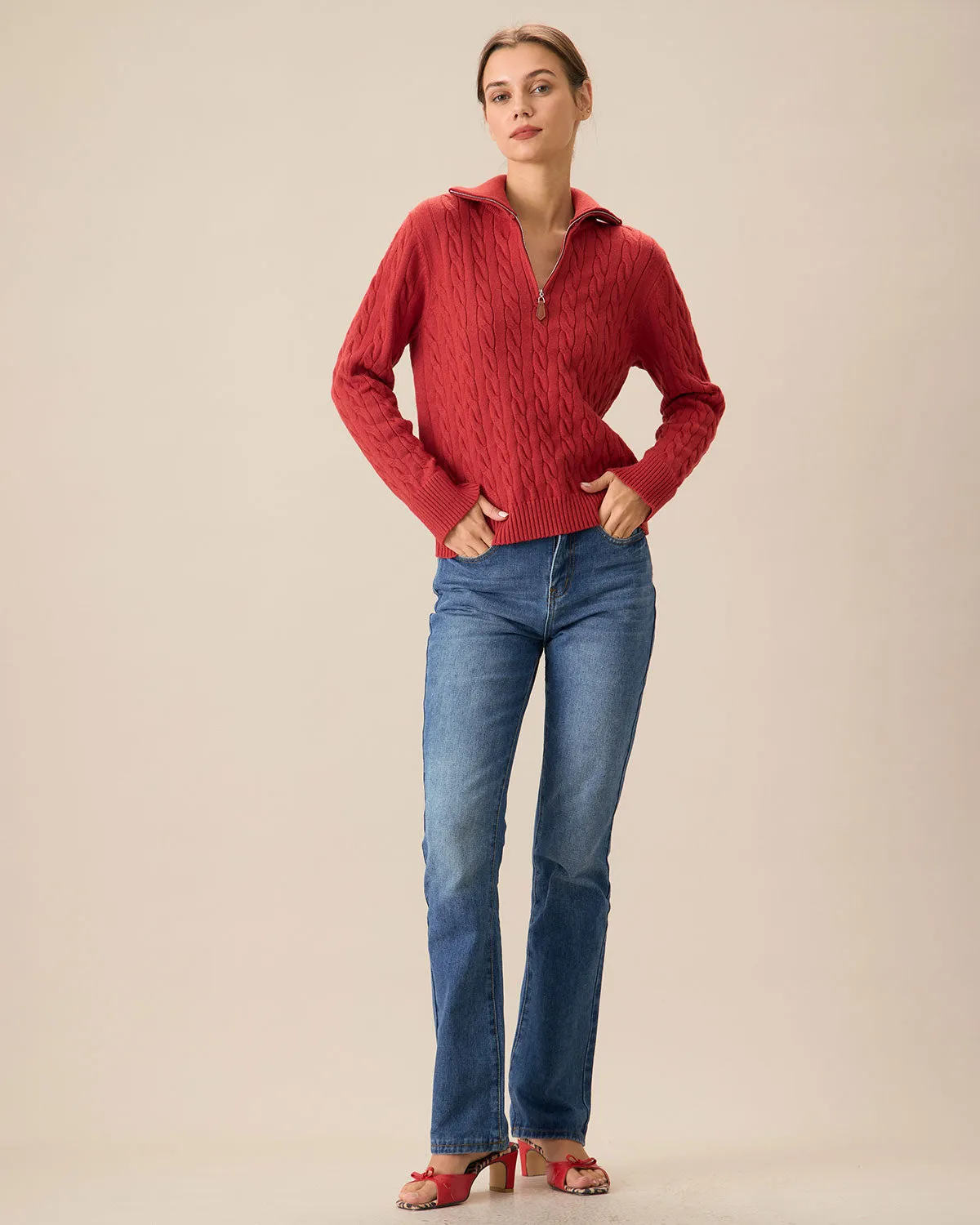 Red Lapel Zipper Sweater