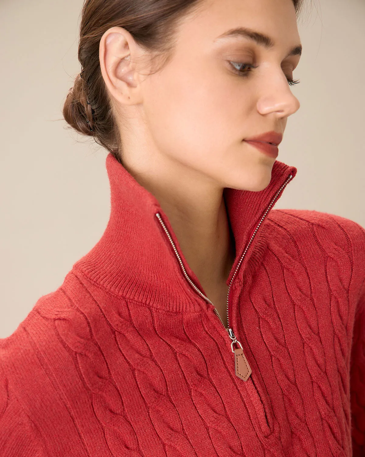 Red Lapel Zipper Sweater