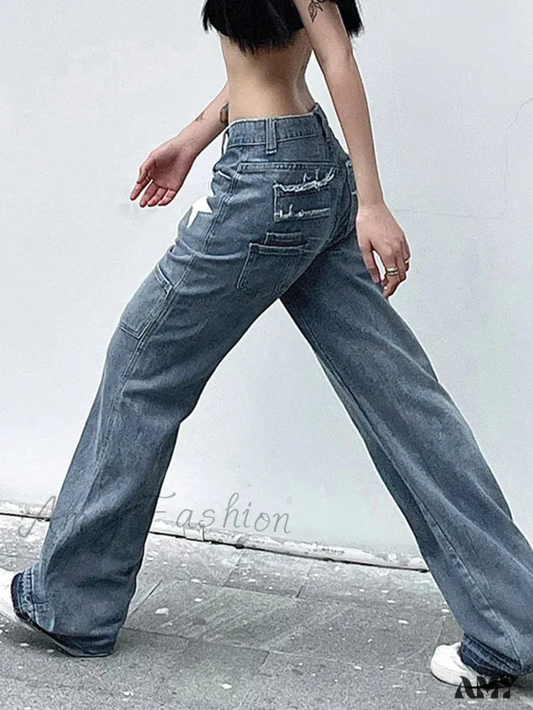 Retro Stylish Flared Distressed Trendy Starry Chic Comfortable Vintage Unique Jean