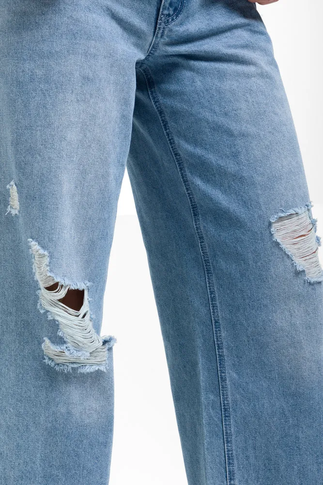 Ripped Wide Leg Denim Jeans Blue