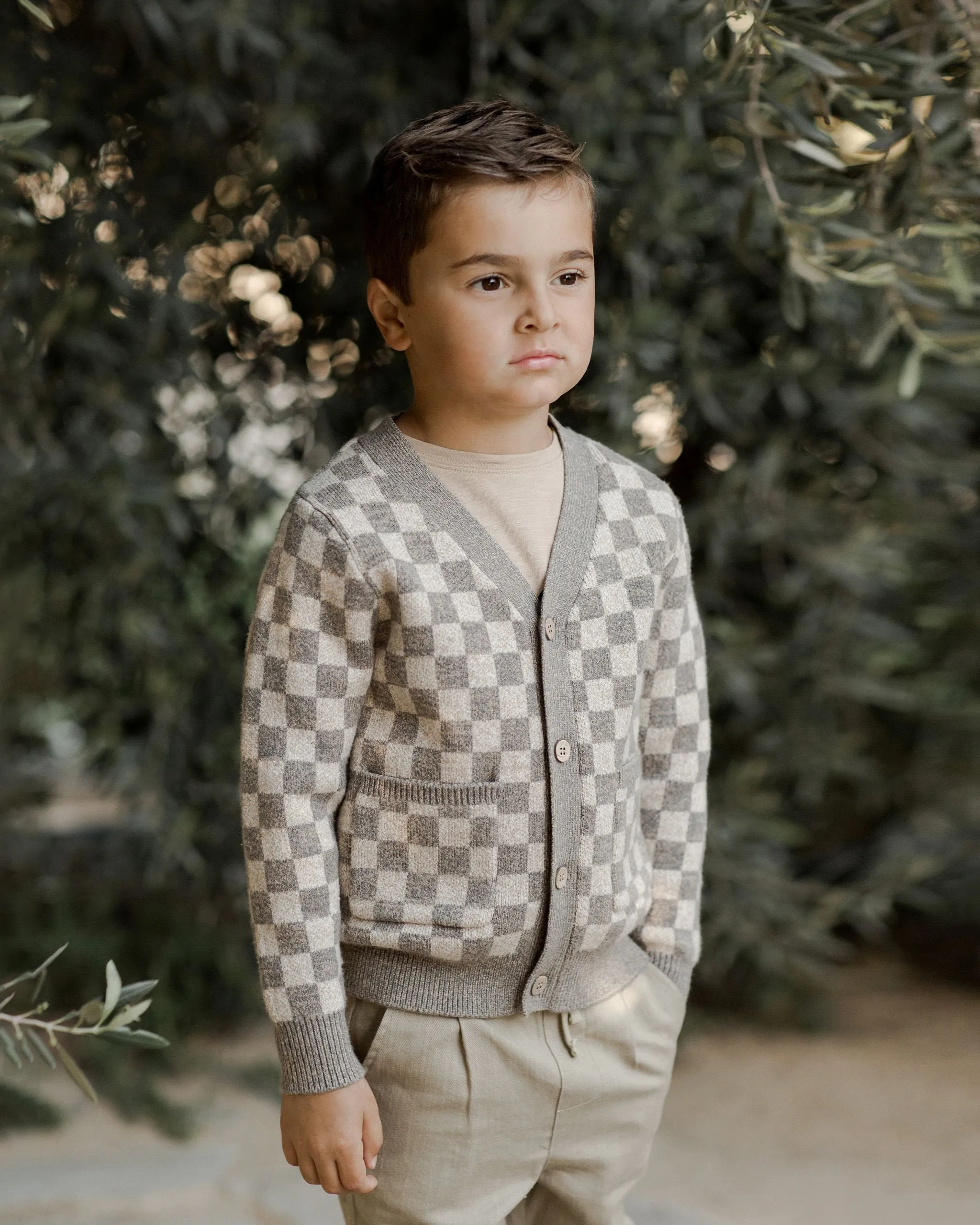 Rylee   Cru Boys Cardigan - Blue Sand Heathered Check