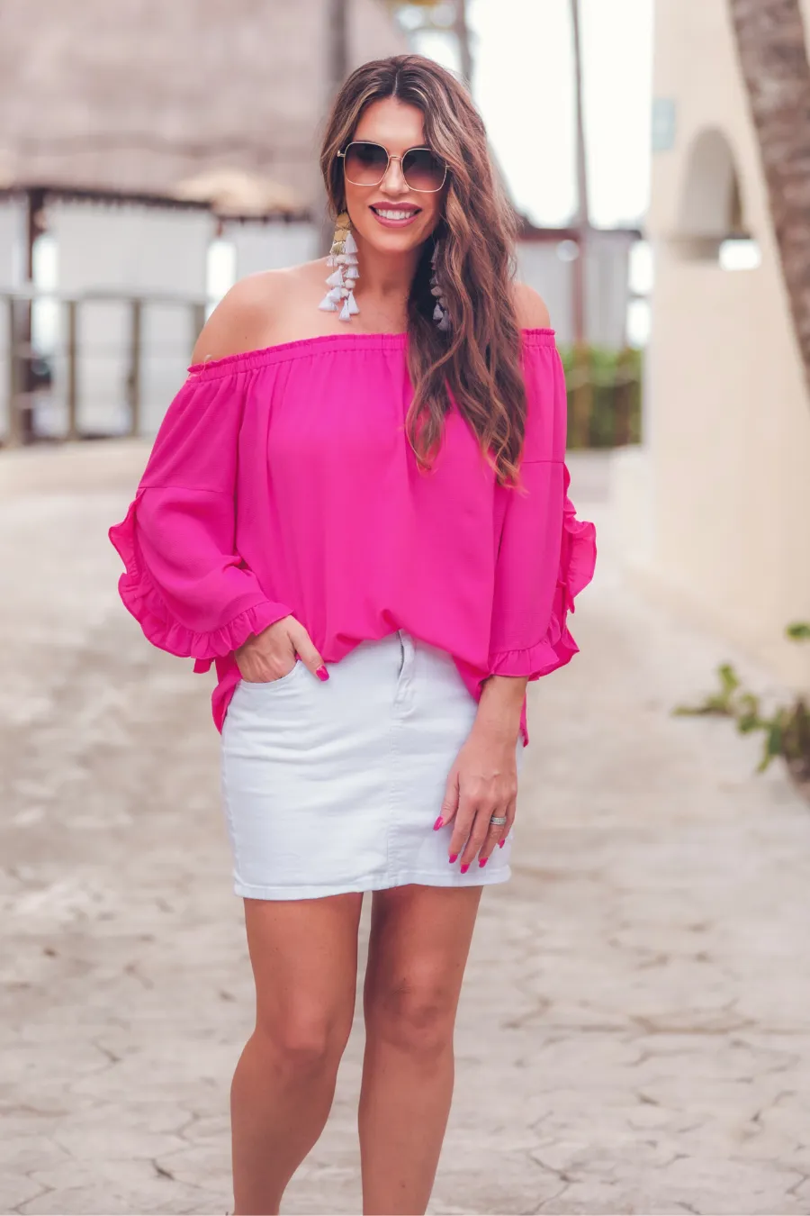 Shirt- Hot Pink Aurora off the shoulder