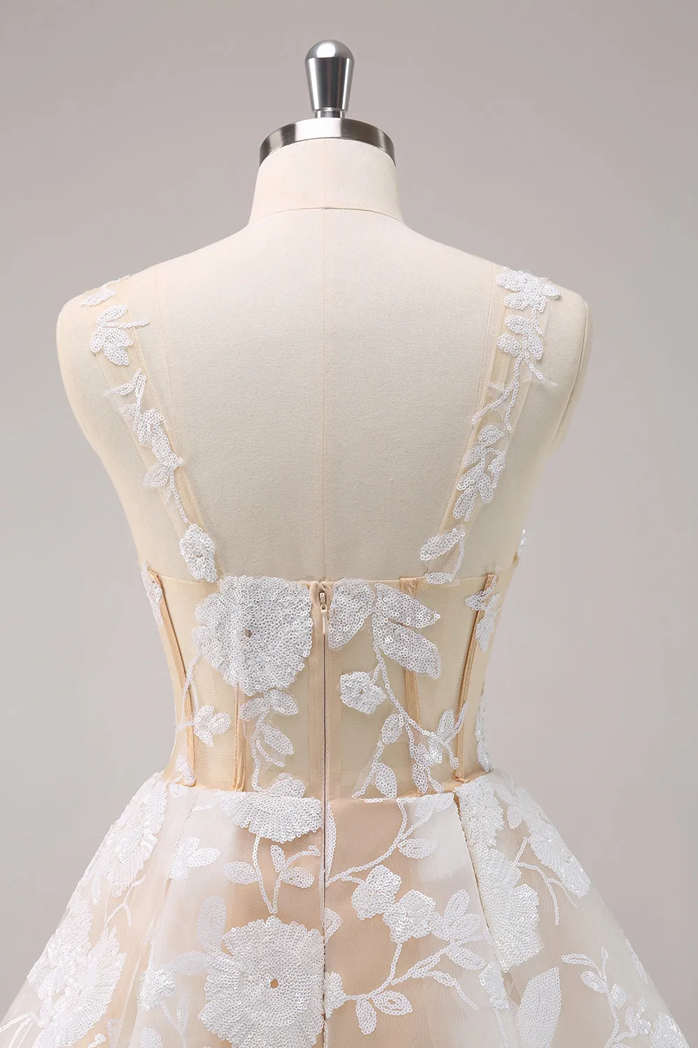 Sparkly White A-Line Floral Corset Mini Dress