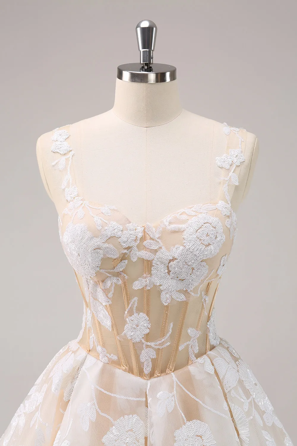 Sparkly White A-Line Floral Corset Mini Dress