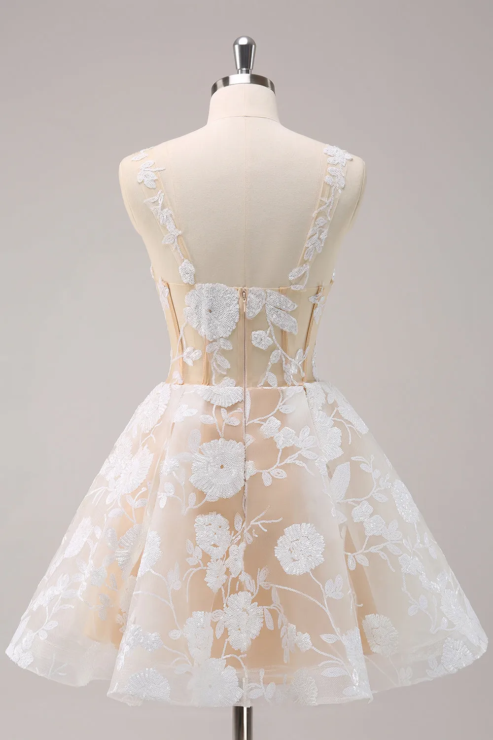 Sparkly White A-Line Floral Corset Mini Dress