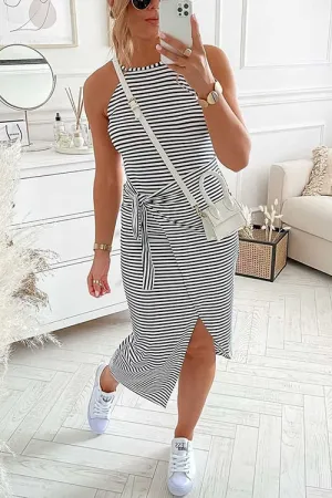 Striped Wrap Tie Asymmetric Halter Midi Dress