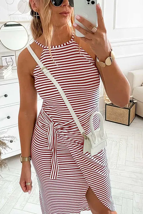 Striped Wrap Tie Asymmetric Halter Midi Dress