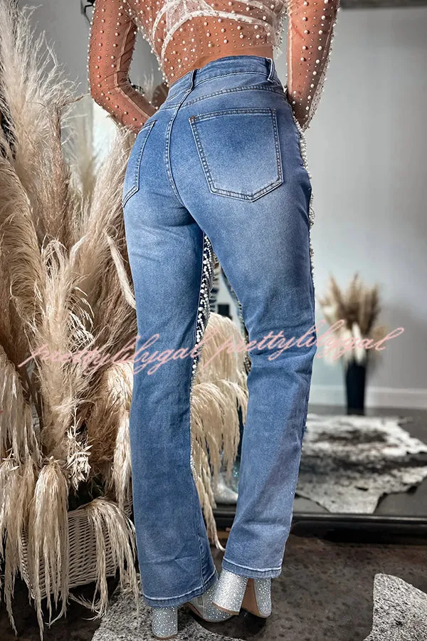 Stylish Multi-layered Pearl Chain Ripped Pocket Straight Jeans