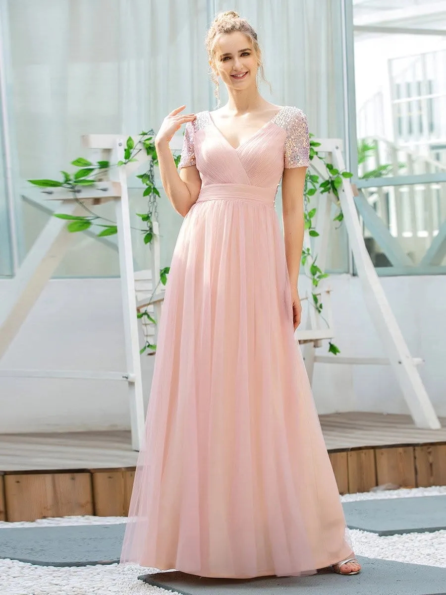 Sweet V Neck A-Line Tulle Bridesmaid Dress with Sequin