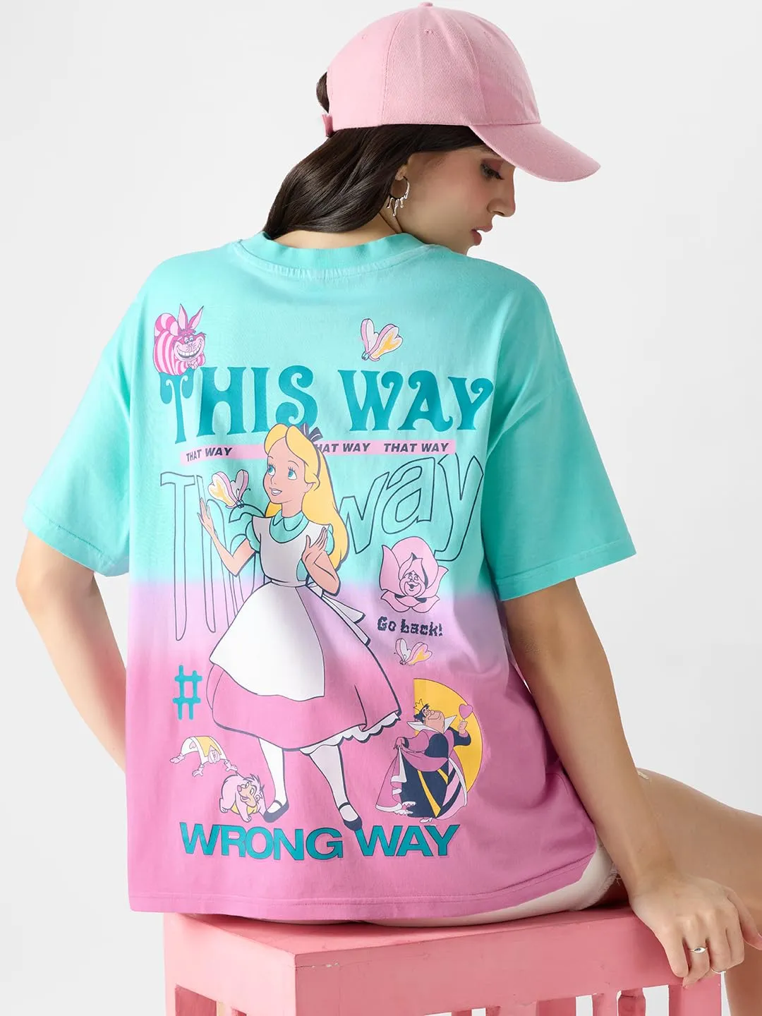 The Souled Store Official Alice in Wonderland: Wrong Way Womens and Girls Oversize Fit Half Sleeves Graphic Print Cotton Pink Color T-Shirt