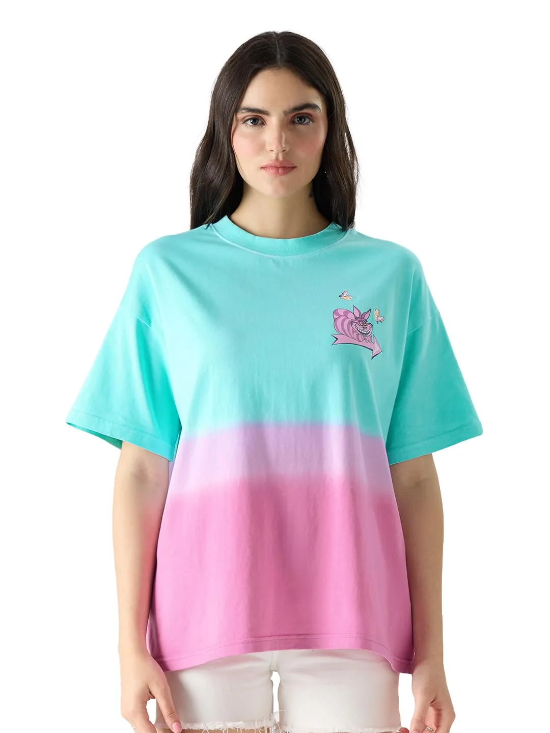 The Souled Store Official Alice in Wonderland: Wrong Way Womens and Girls Oversize Fit Half Sleeves Graphic Print Cotton Pink Color T-Shirt