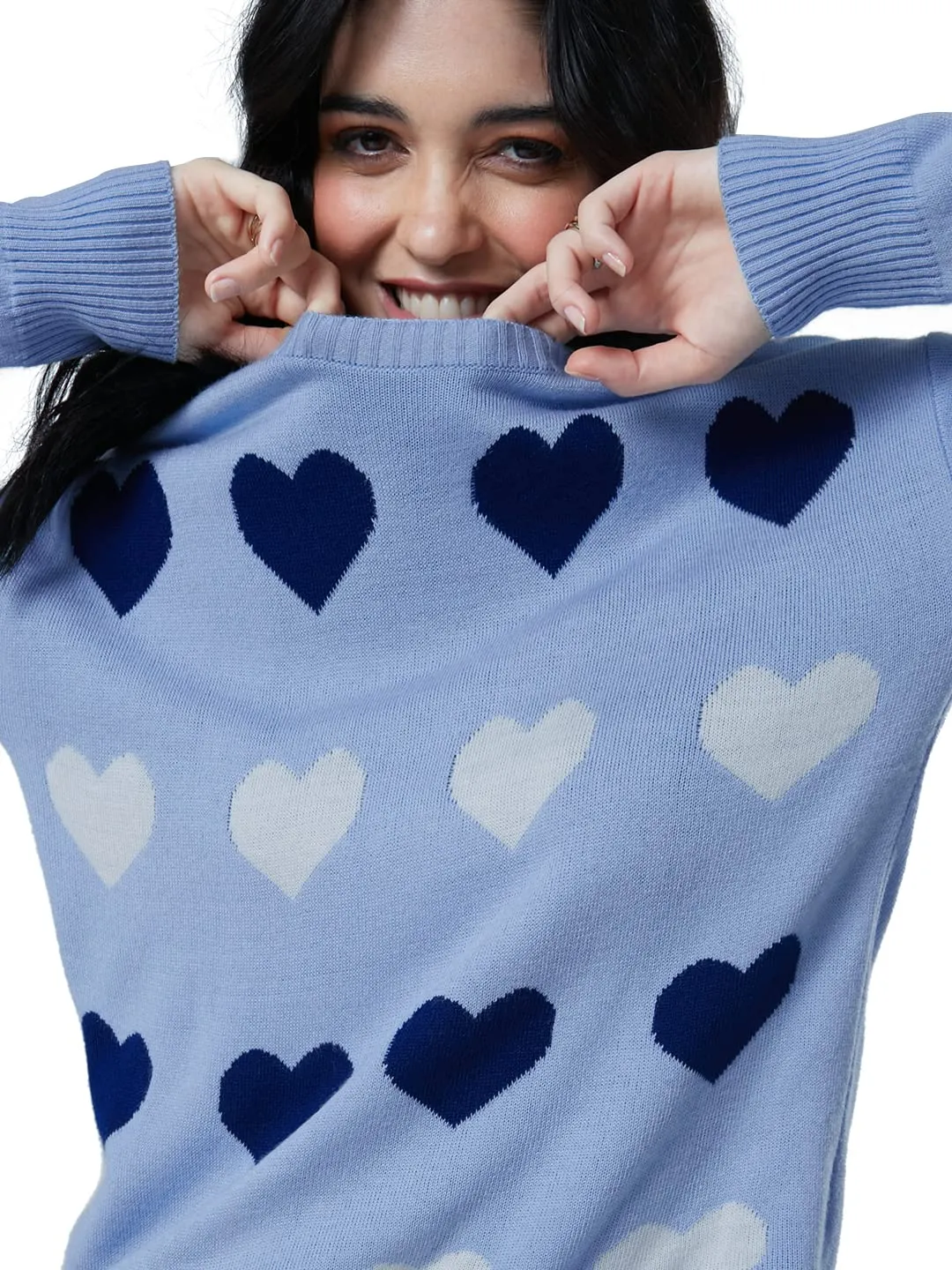 The Souled Store|Knitted SweaterHearts Women and Girl |Full Sleeve| Regular fit Graphic Printed| 100% Acrylic Blue Color Women Knitted Sweaters