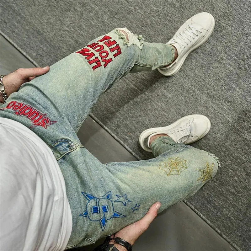 Vintage Men's Stylish Embroidery Ripped Hip Hop Pencil Stretch Denim Jeans