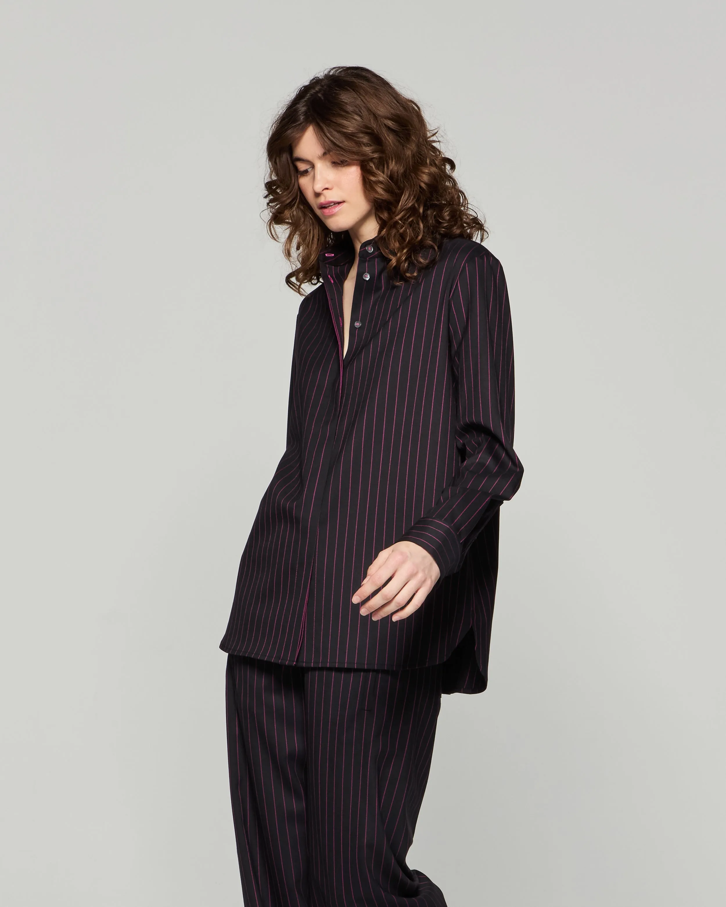 Wool Pinstripe Boyfriend Shirt - Black/Pink